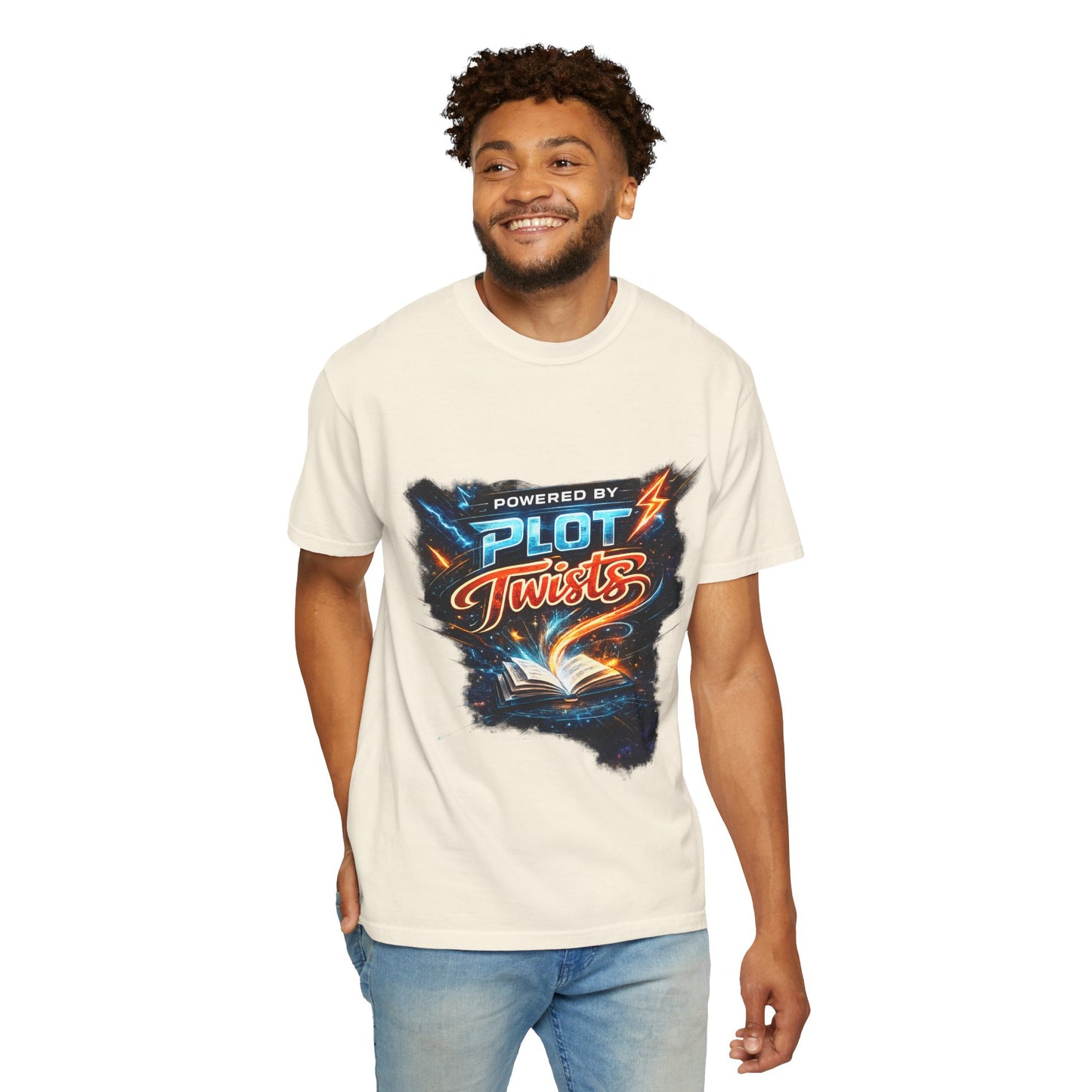 "Powered by Plot Twists" T-Shirt — Graphic Book Lover Tee