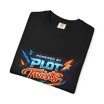 "Powered by Plot Twists" T-Shirt — Graphic Book Lover Tee