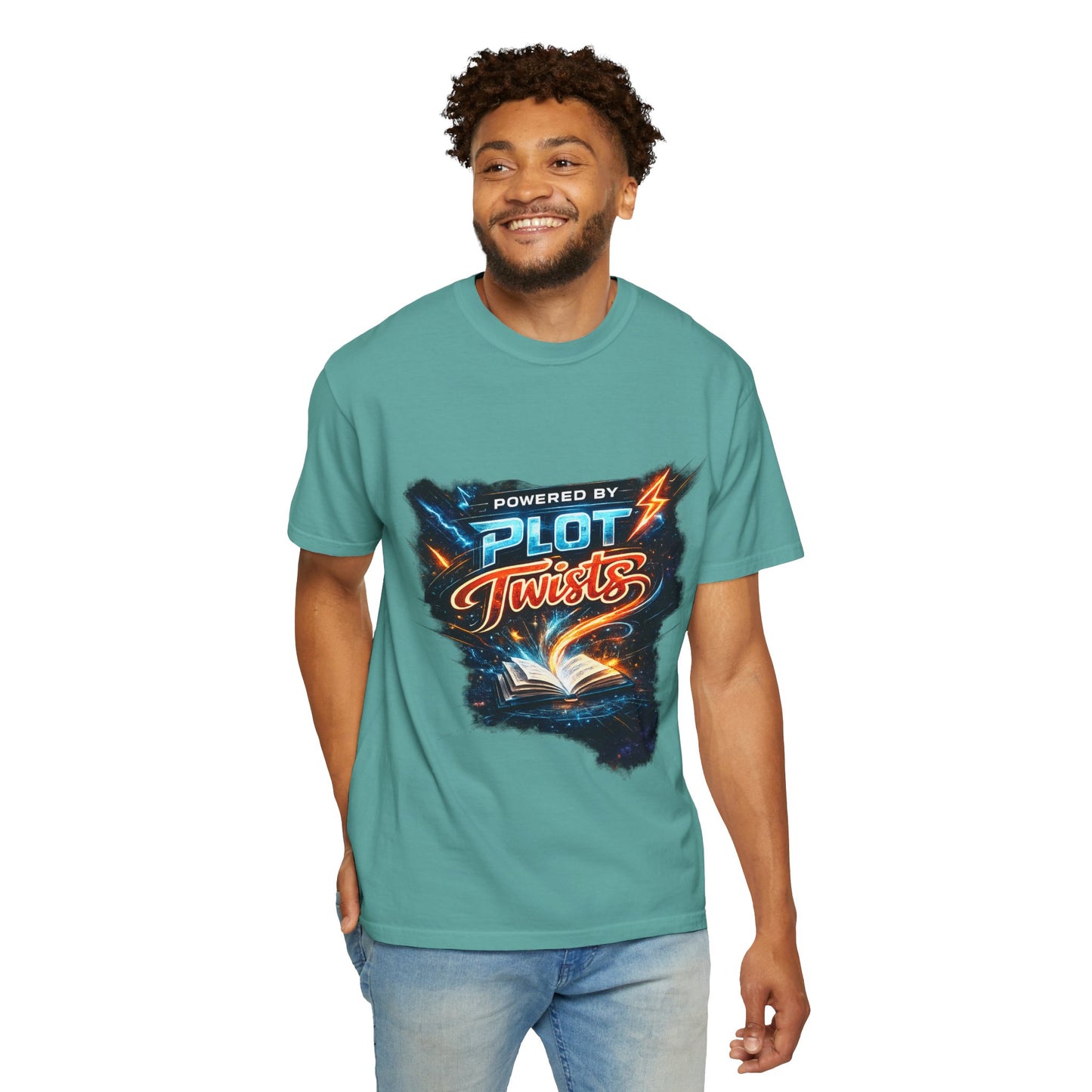 "Powered by Plot Twists" T-Shirt — Graphic Book Lover Tee