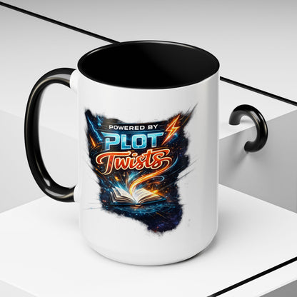 Powered by Plot Twists; Black Accent Coffee Mug with Neon Lightning Skull Design