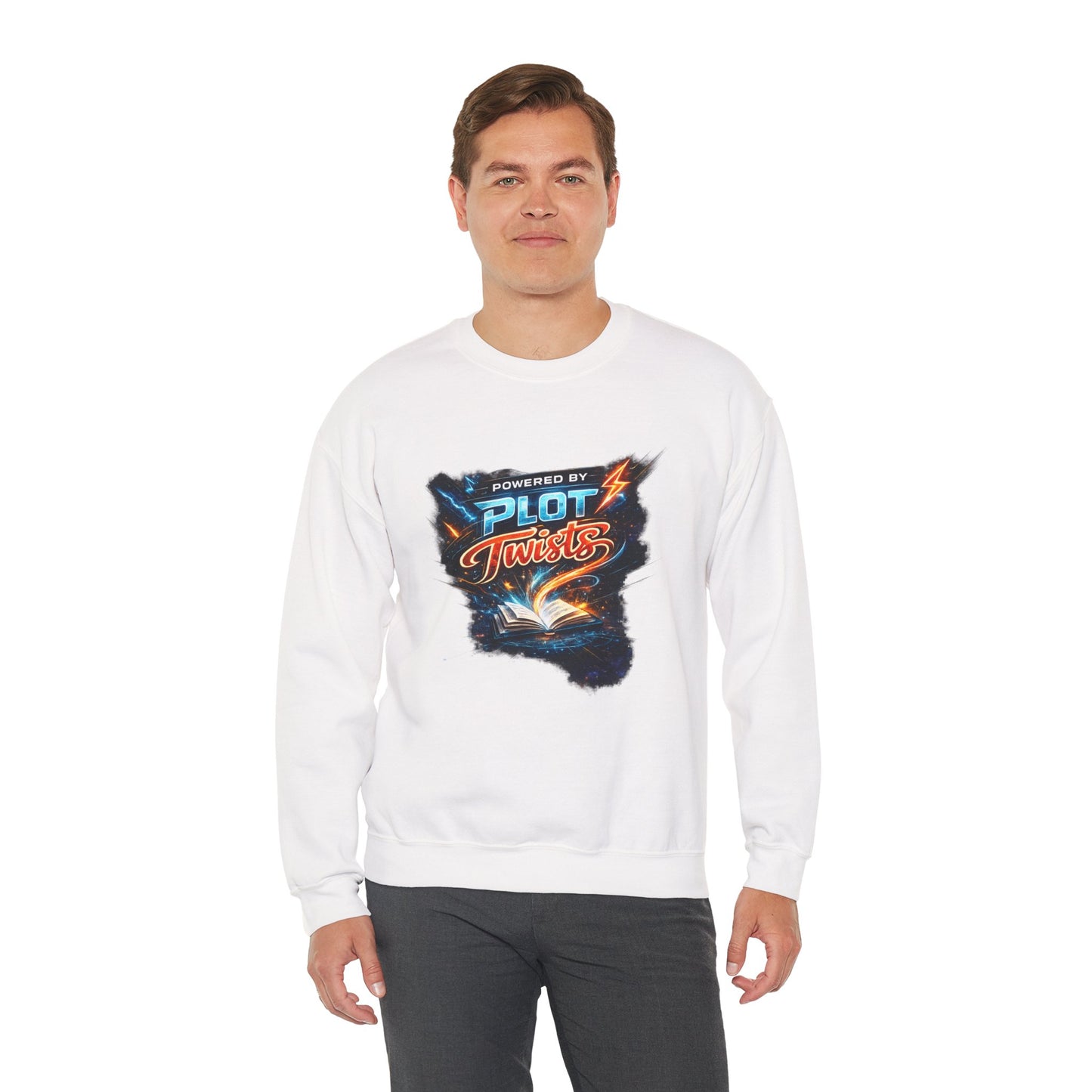 "Powered by Plot Twists" Crewneck Sweatshirt — Literary Reader & Writer Gift