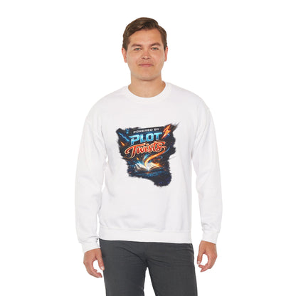 "Powered by Plot Twists" Crewneck Sweatshirt — Literary Reader & Writer Gift