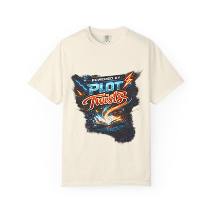 "Powered by Plot Twists" T-Shirt — Graphic Book Lover Tee