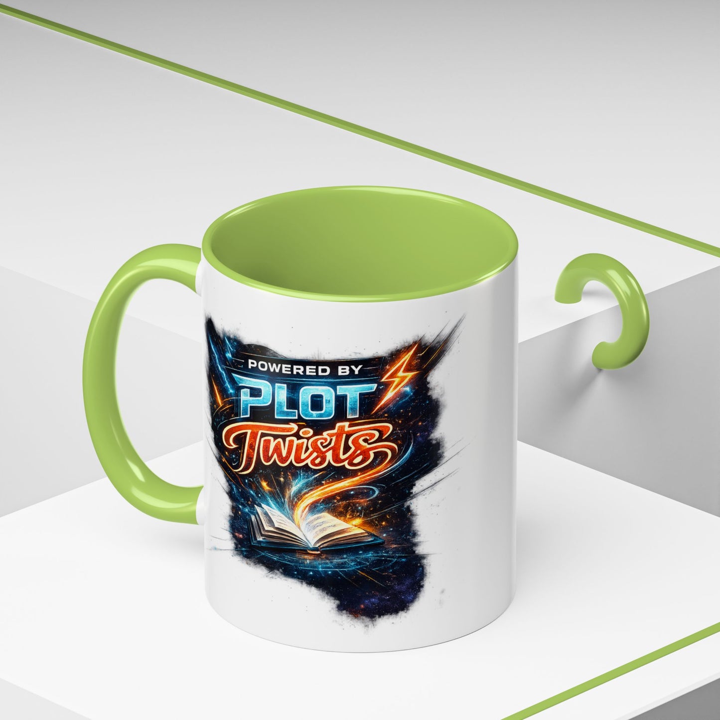 Powered by Plot Twists; Black Accent Coffee Mug with Neon Lightning Skull Design