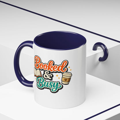 Booked & Busy Cozy Coffee Club Accent Mug — Cute “Local Coffee Shop” Illustration, 11/15oz