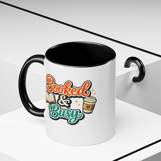 Booked & Busy Cozy Coffee Club Accent Mug — Cute “Local Coffee Shop” Illustration, 11/15oz