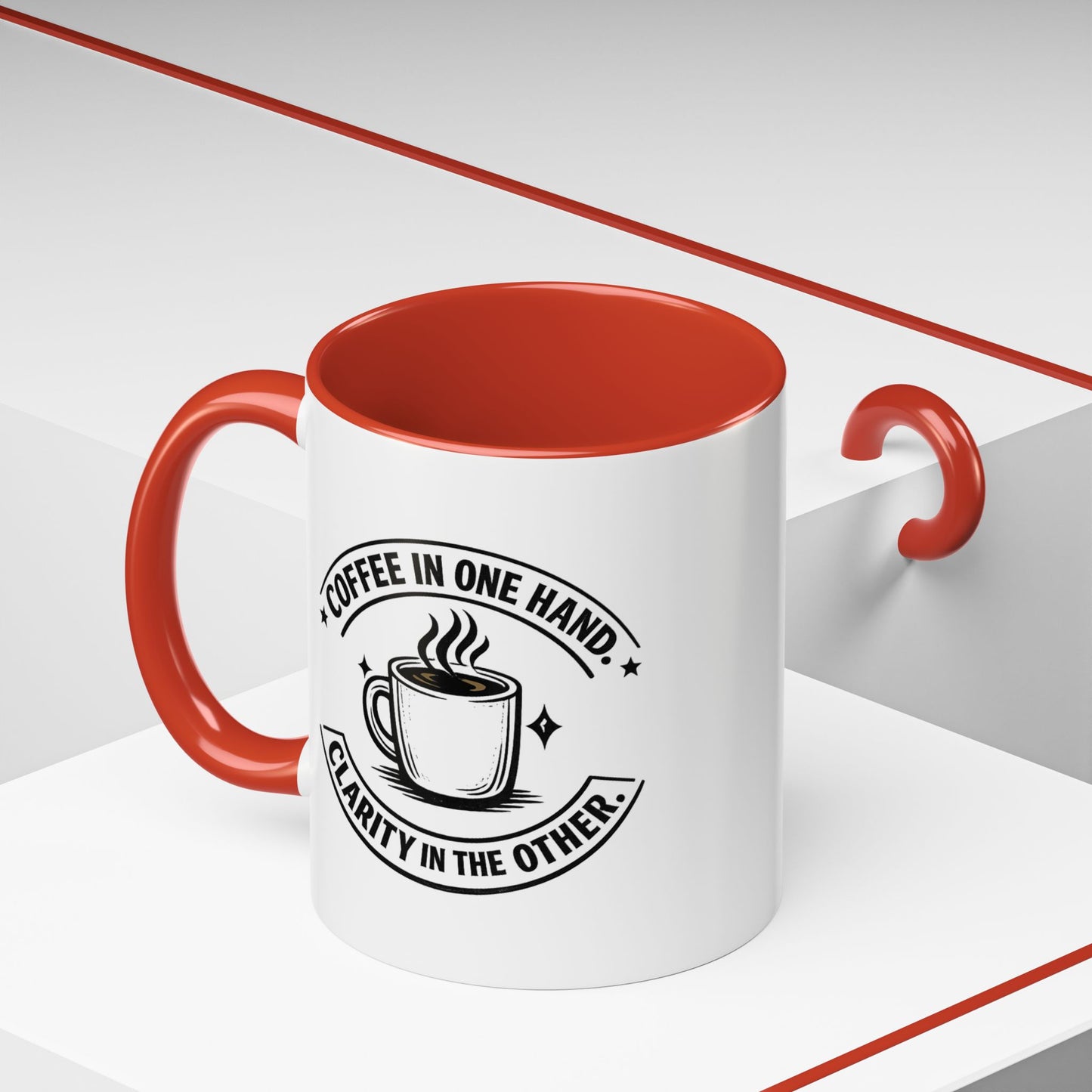 "Coffee in One Hand. Clarity in the Other" Black Accent Coffee Mug — Vintage Badge Coffee Lover Gift (11/15oz)