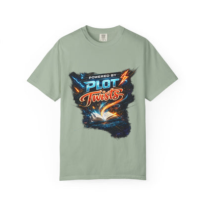 "Powered by Plot Twists" T-Shirt — Graphic Book Lover Tee