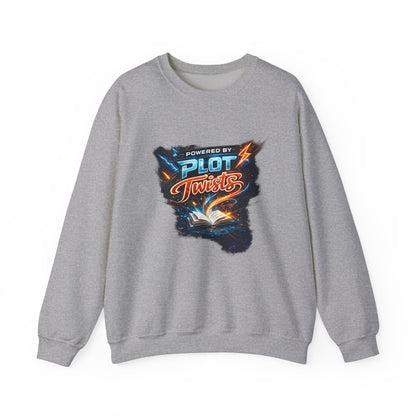"Powered by Plot Twists" Crewneck Sweatshirt — Literary Reader & Writer Gift