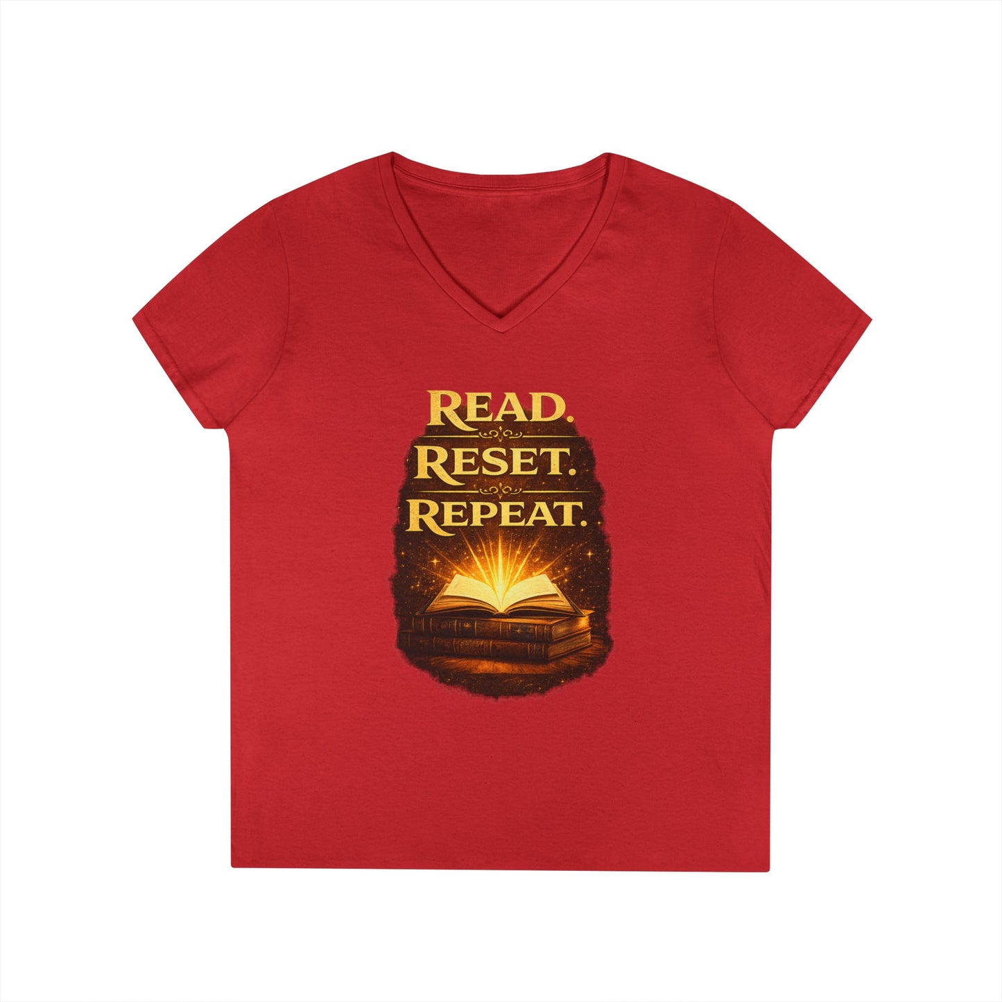"Read Reset Repeat" V-Neck T-Shirt — Inspirational Book Lover Tee