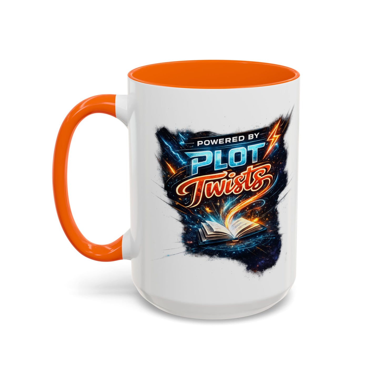 Powered by Plot Twists; Black Accent Coffee Mug with Neon Lightning Skull Design