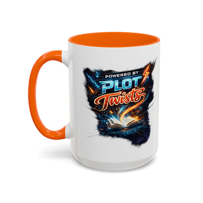 Powered by Plot Twists; Black Accent Coffee Mug with Neon Lightning Skull Design