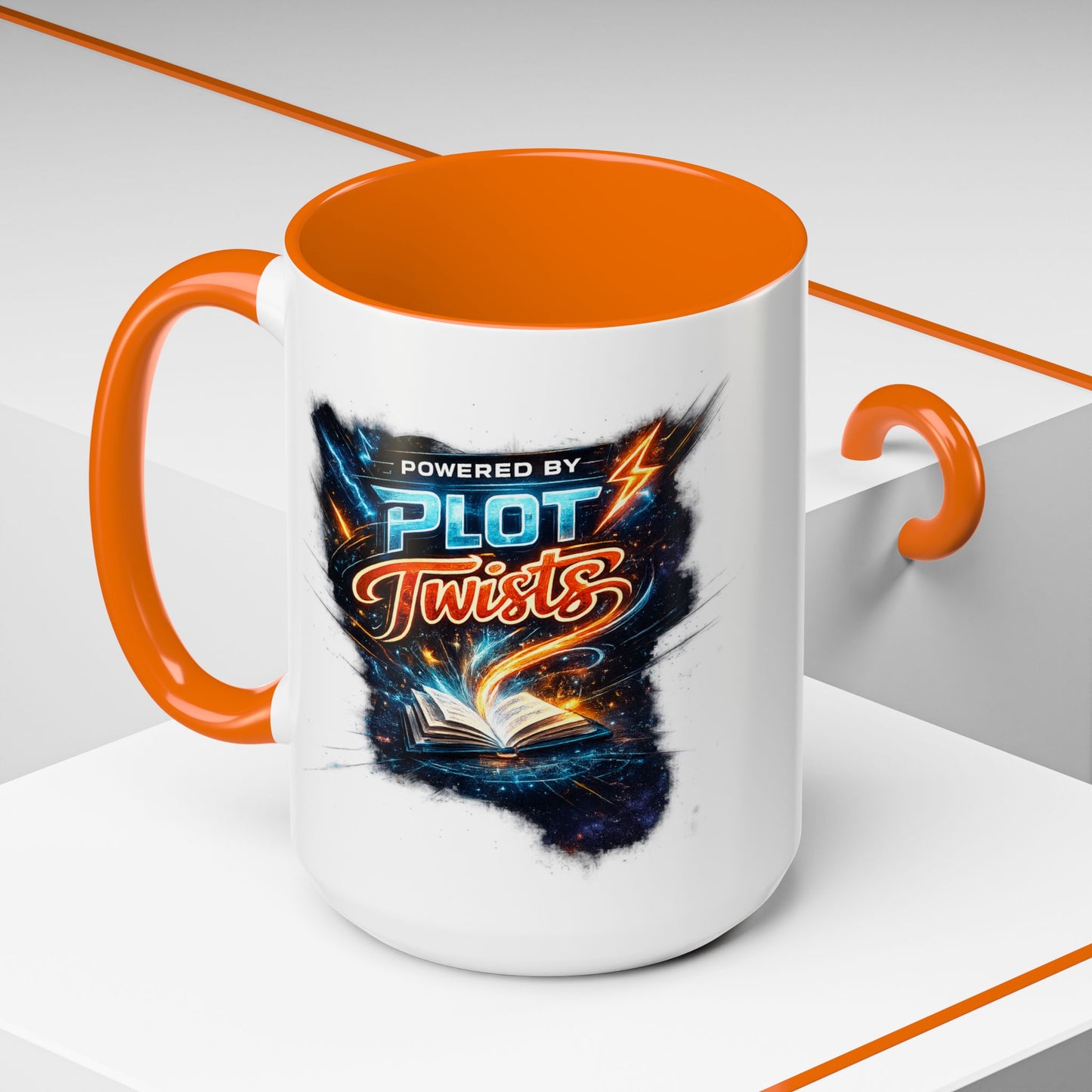 Powered by Plot Twists; Black Accent Coffee Mug with Neon Lightning Skull Design