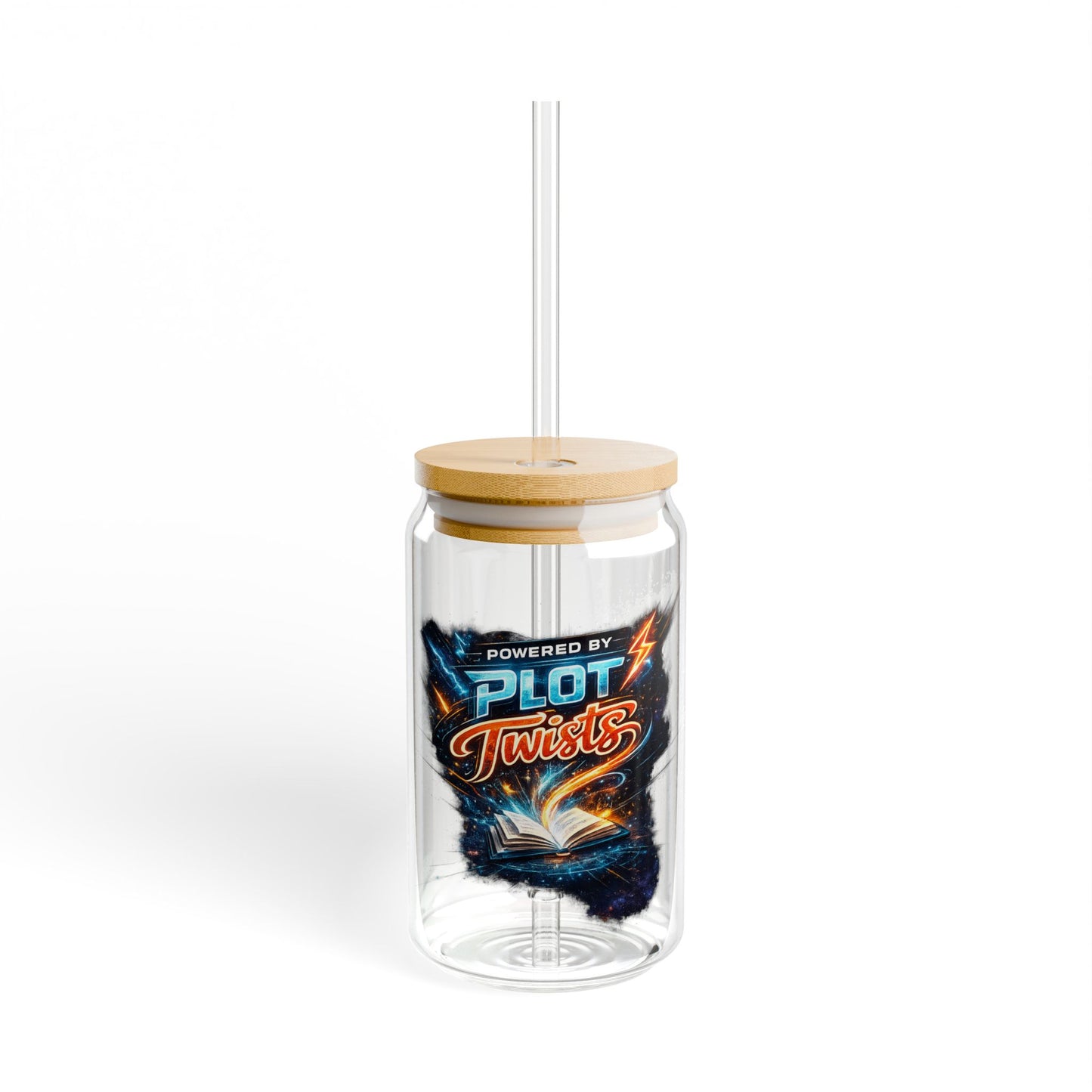 Sipper Glass - "Powered by Plot Twists" Novelty 16oz Mason-Style Drinking Jar