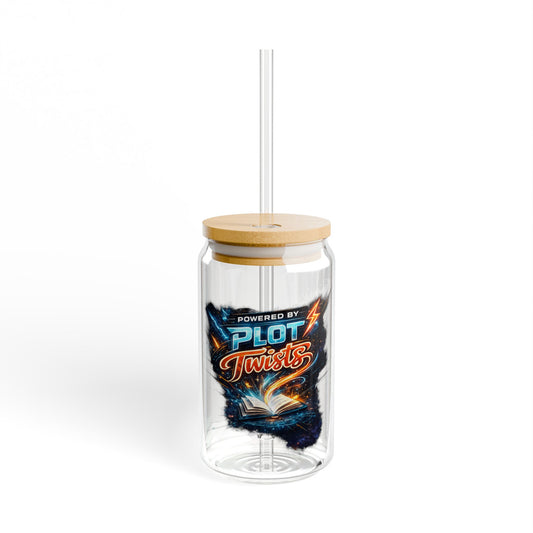 Sipper Glass - "Powered by Plot Twists" Novelty 16oz Mason-Style Drinking Jar