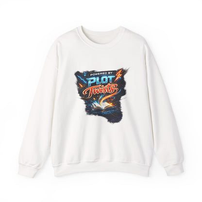 "Powered by Plot Twists" Crewneck Sweatshirt — Literary Reader & Writer Gift