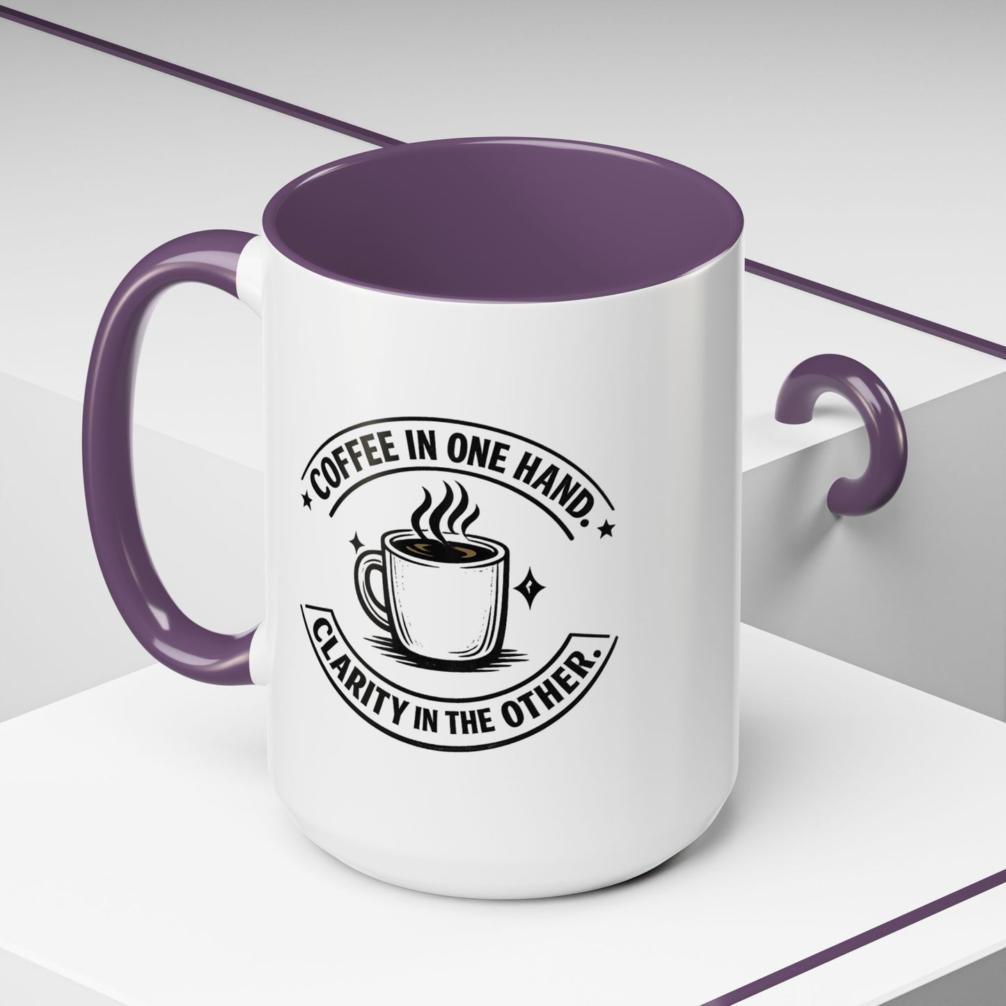 "Coffee in One Hand. Clarity in the Other" Black Accent Coffee Mug — Vintage Badge Coffee Lover Gift (11/15oz)