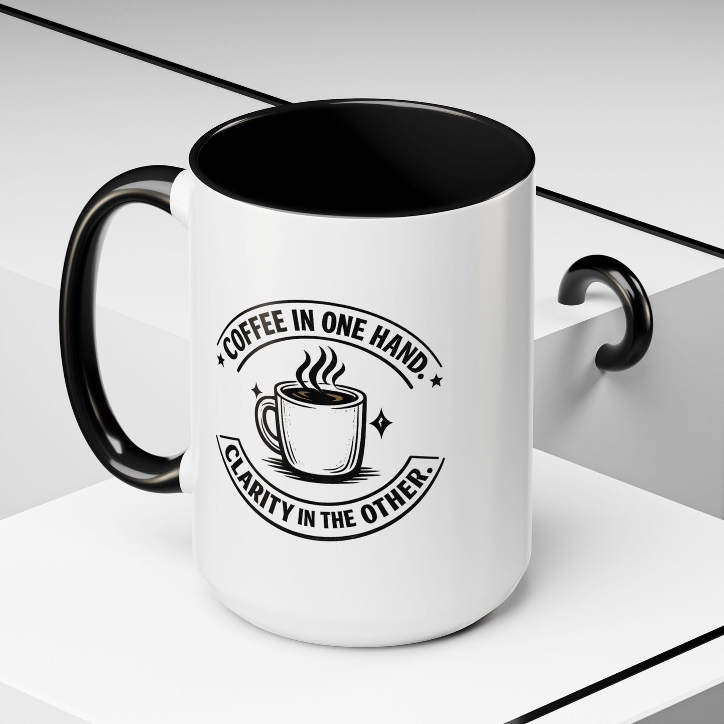 "Coffee in One Hand. Clarity in the Other" Black Accent Coffee Mug — Vintage Badge Coffee Lover Gift (11/15oz)