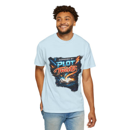 "Powered by Plot Twists" T-Shirt — Graphic Book Lover Tee