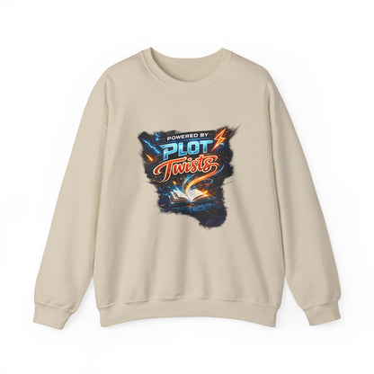 "Powered by Plot Twists" Crewneck Sweatshirt — Literary Reader & Writer Gift