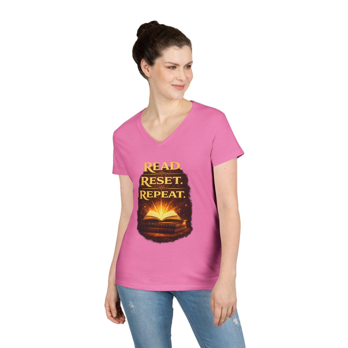"Read Reset Repeat" V-Neck T-Shirt — Inspirational Book Lover Tee