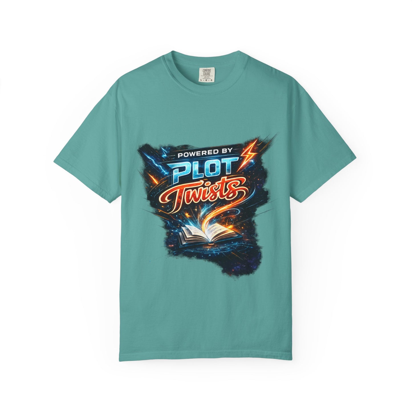 "Powered by Plot Twists" T-Shirt — Graphic Book Lover Tee