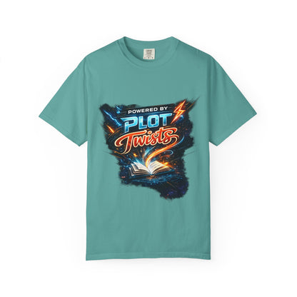 "Powered by Plot Twists" T-Shirt — Graphic Book Lover Tee