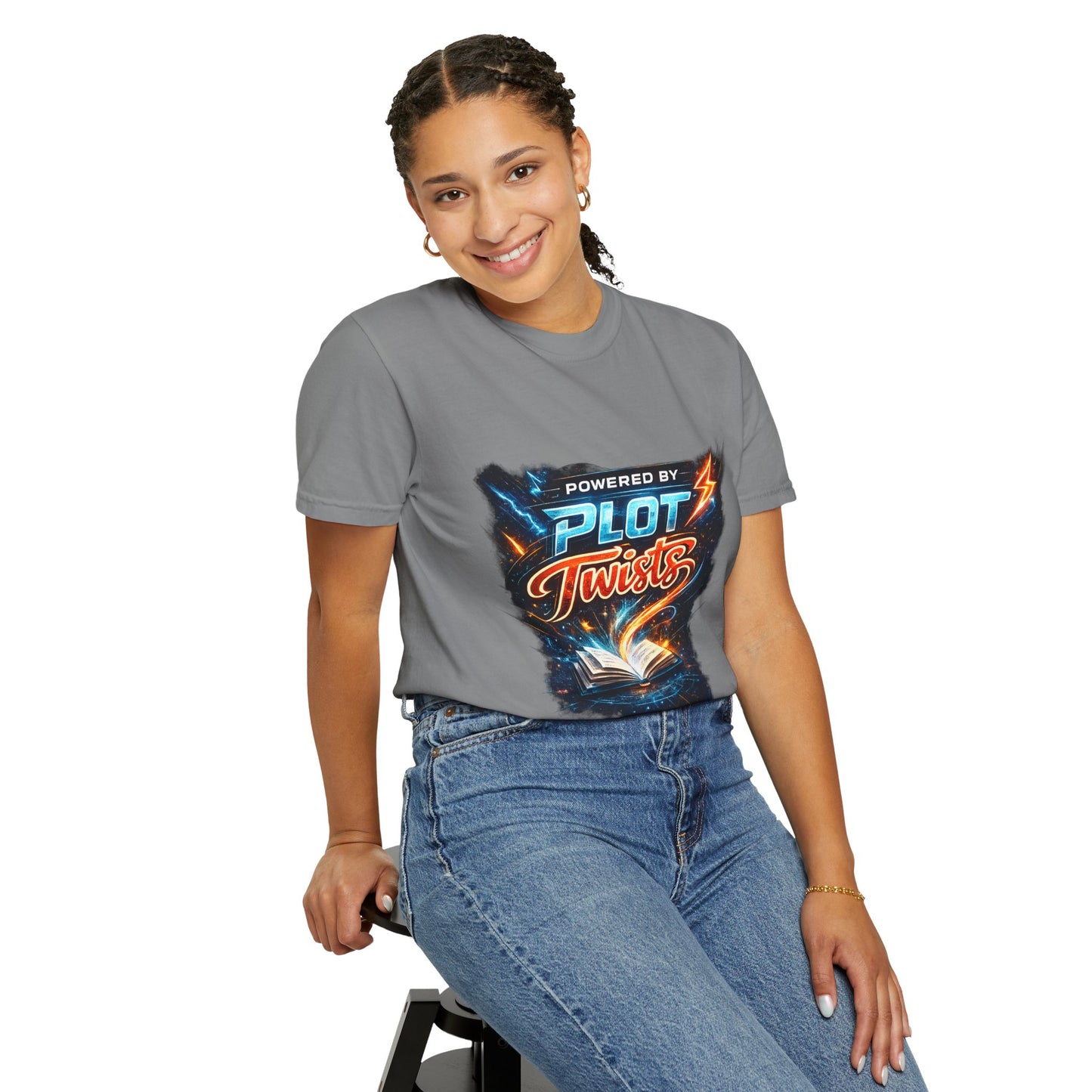 "Powered by Plot Twists" T-Shirt — Graphic Book Lover Tee