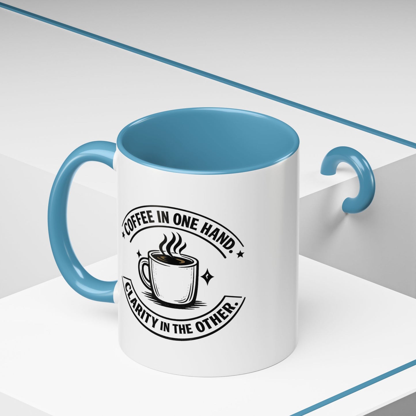 "Coffee in One Hand. Clarity in the Other" Black Accent Coffee Mug — Vintage Badge Coffee Lover Gift (11/15oz)