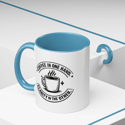"Coffee in One Hand. Clarity in the Other" Black Accent Coffee Mug — Vintage Badge Coffee Lover Gift (11/15oz)