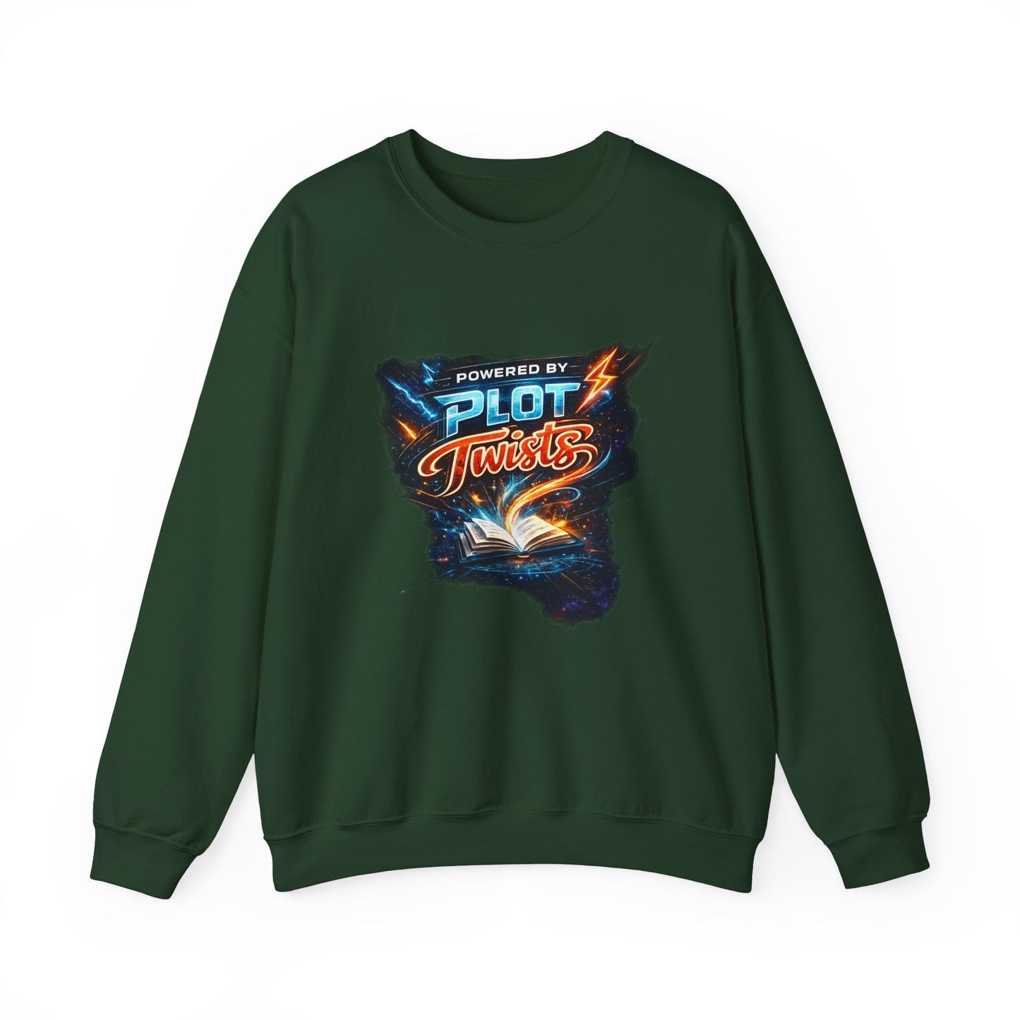 "Powered by Plot Twists" Crewneck Sweatshirt — Literary Reader & Writer Gift