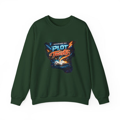 "Powered by Plot Twists" Crewneck Sweatshirt — Literary Reader & Writer Gift