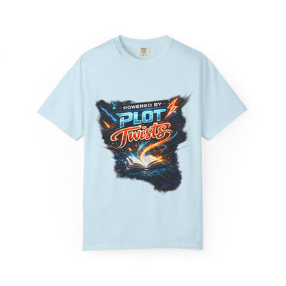 "Powered by Plot Twists" T-Shirt — Graphic Book Lover Tee