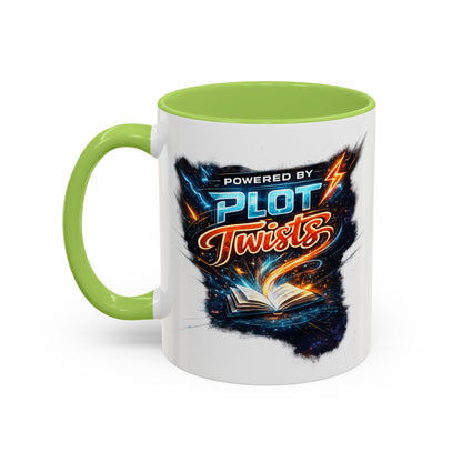 Powered by Plot Twists; Black Accent Coffee Mug with Neon Lightning Skull Design