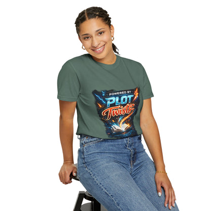 "Powered by Plot Twists" T-Shirt — Graphic Book Lover Tee