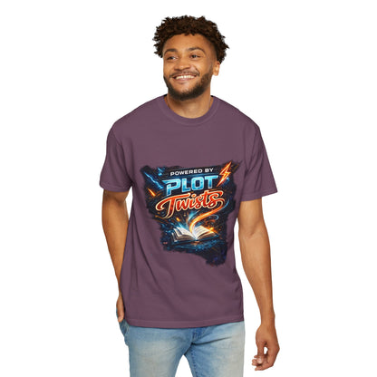 "Powered by Plot Twists" T-Shirt — Graphic Book Lover Tee