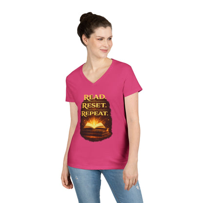 "Read Reset Repeat" V-Neck T-Shirt — Inspirational Book Lover Tee