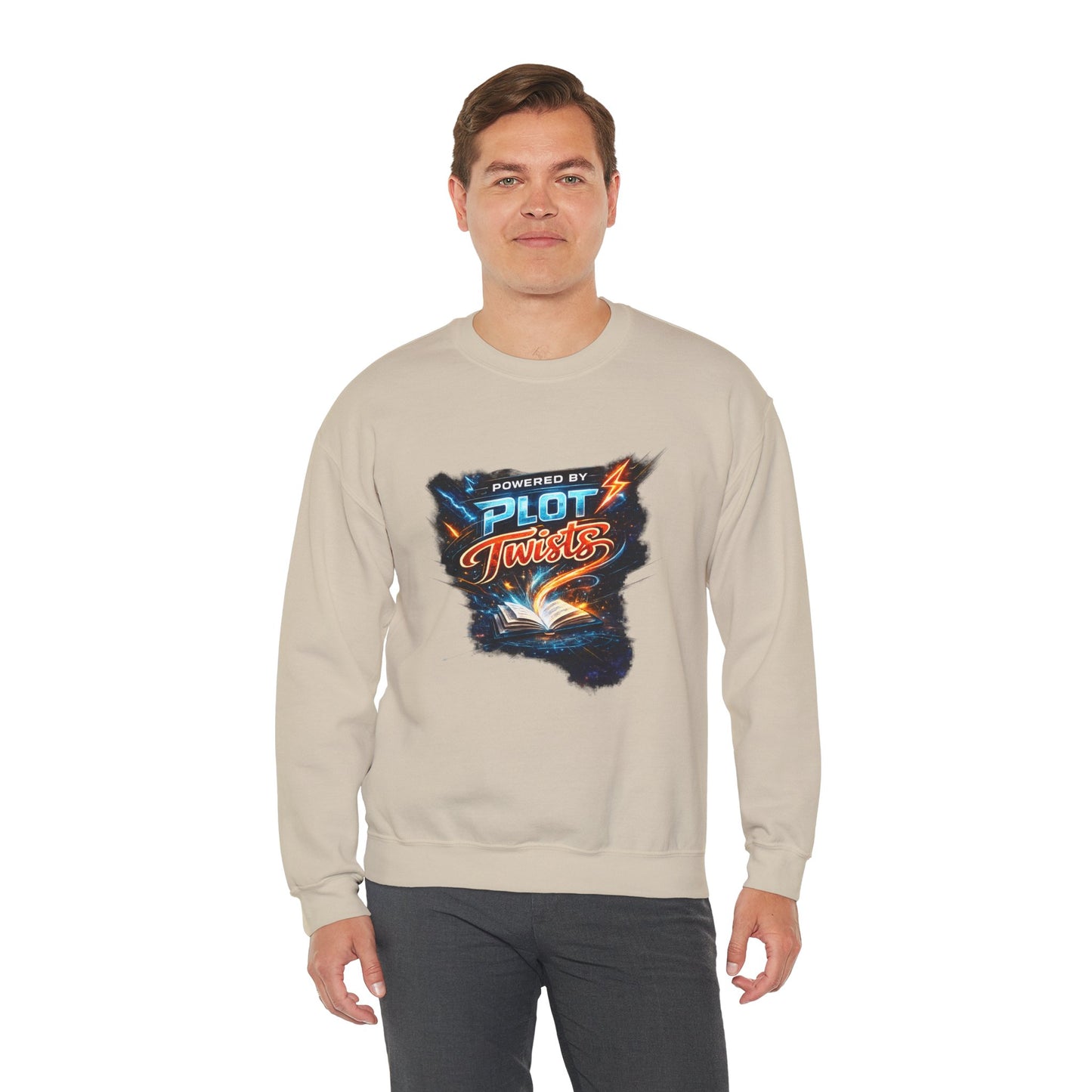 "Powered by Plot Twists" Crewneck Sweatshirt — Literary Reader & Writer Gift