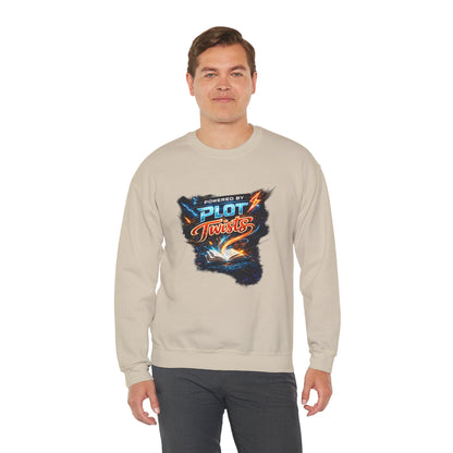 "Powered by Plot Twists" Crewneck Sweatshirt — Literary Reader & Writer Gift