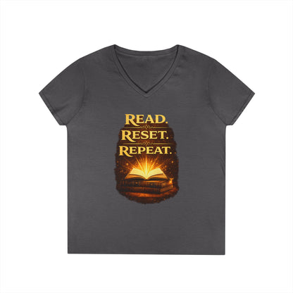 "Read Reset Repeat" V-Neck T-Shirt — Inspirational Book Lover Tee