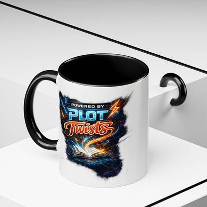 Powered by Plot Twists; Black Accent Coffee Mug with Neon Lightning Skull Design