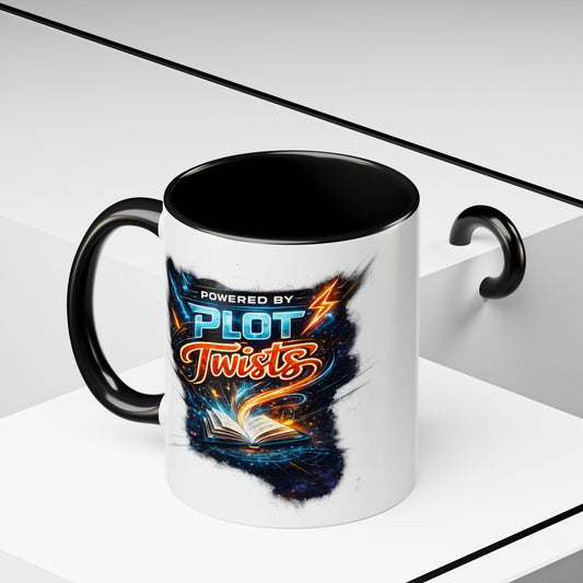 Powered by Plot Twists; Black Accent Coffee Mug with Neon Lightning Skull Design