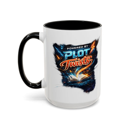 Powered by Plot Twists; Black Accent Coffee Mug with Neon Lightning Skull Design