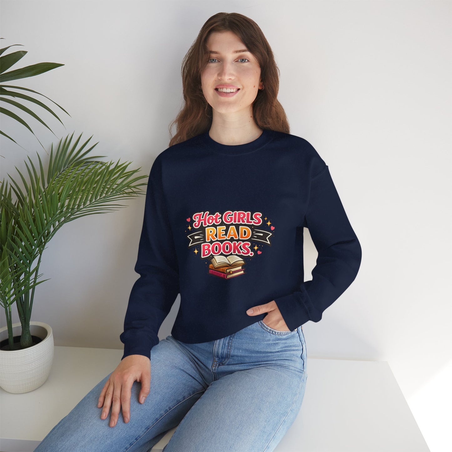 "Hot Girls Read Books" Crewneck Sweatshirt - Cozy Graphic Pullover for Book Lovers