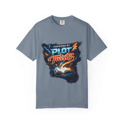 "Powered by Plot Twists" T-Shirt — Graphic Book Lover Tee