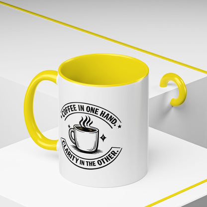 "Coffee in One Hand. Clarity in the Other" Black Accent Coffee Mug — Vintage Badge Coffee Lover Gift (11/15oz)
