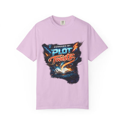 "Powered by Plot Twists" T-Shirt — Graphic Book Lover Tee
