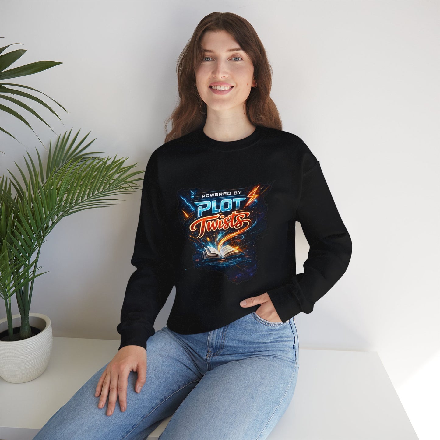 "Powered by Plot Twists" Crewneck Sweatshirt — Literary Reader & Writer Gift