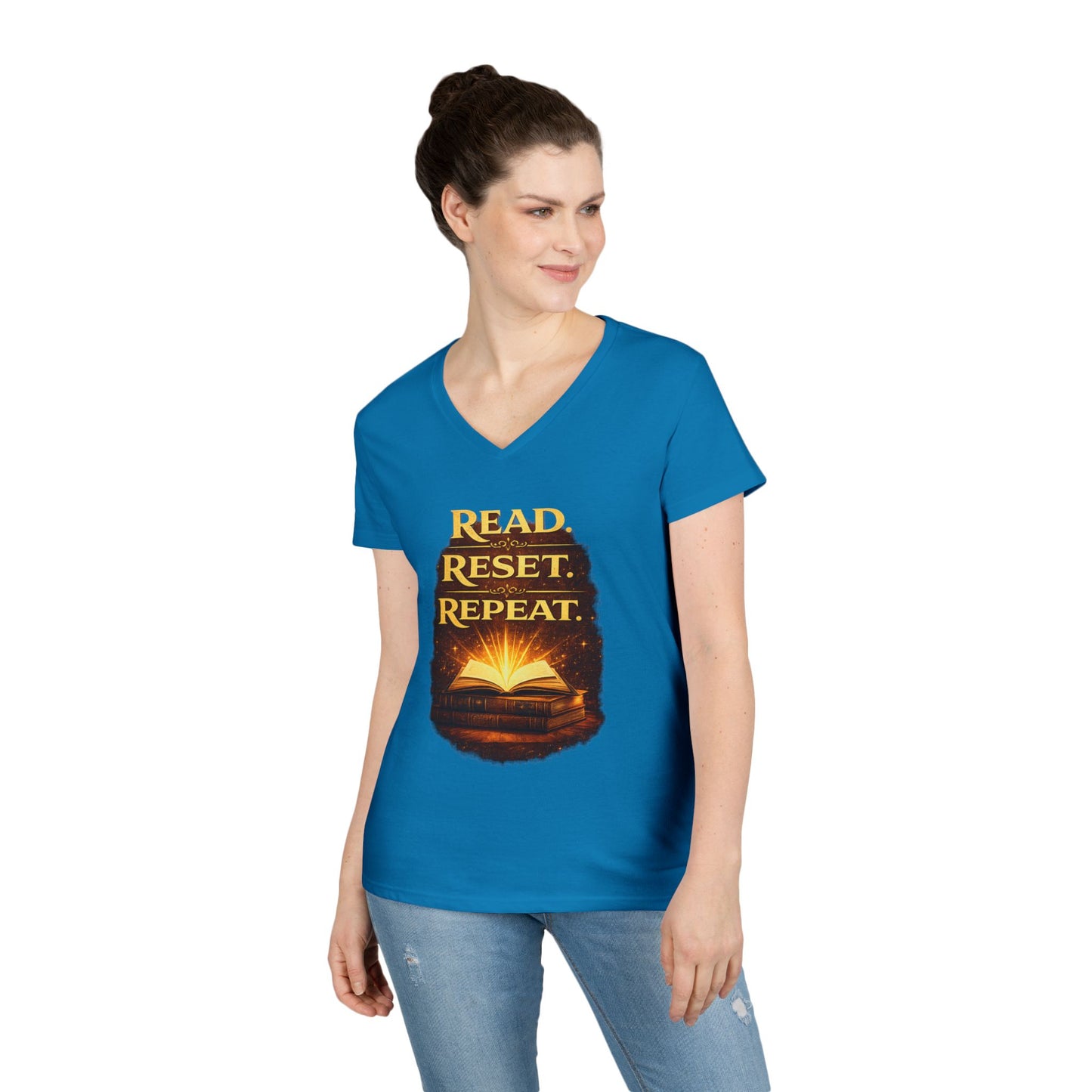 "Read Reset Repeat" V-Neck T-Shirt — Inspirational Book Lover Tee