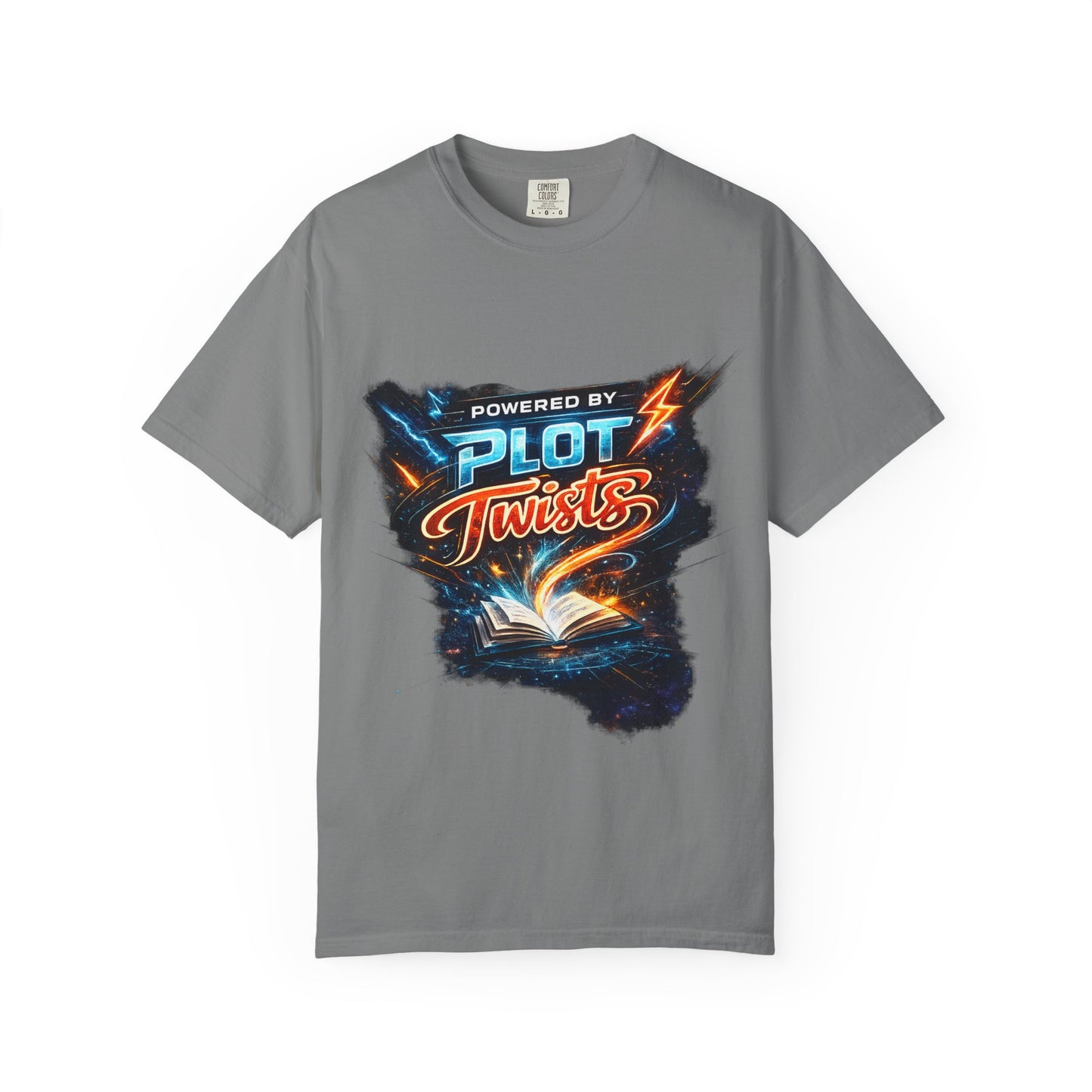 "Powered by Plot Twists" T-Shirt — Graphic Book Lover Tee